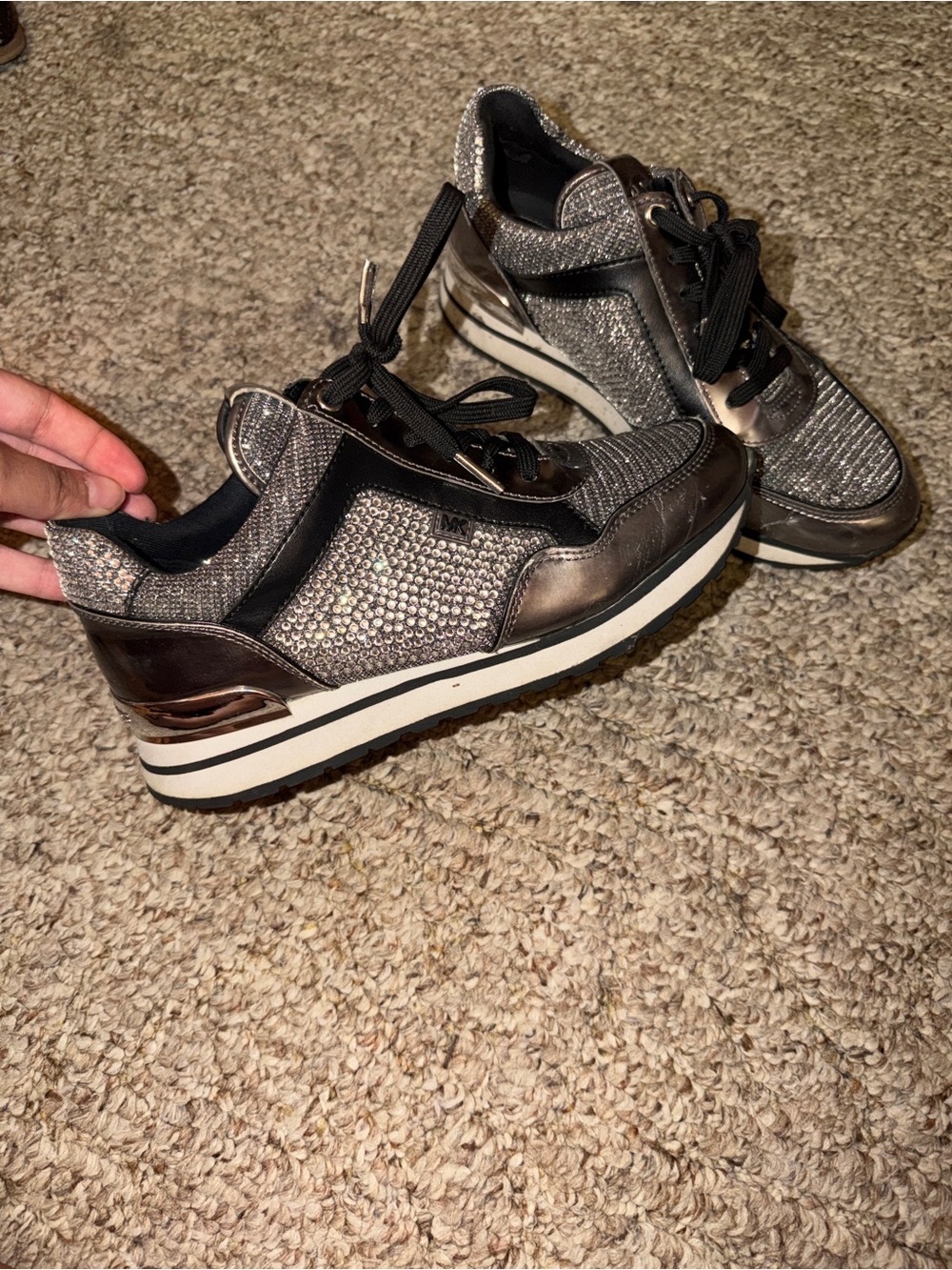 Michael Kors Metallic Gray and Black Women's Sneakers with Crystal Accents